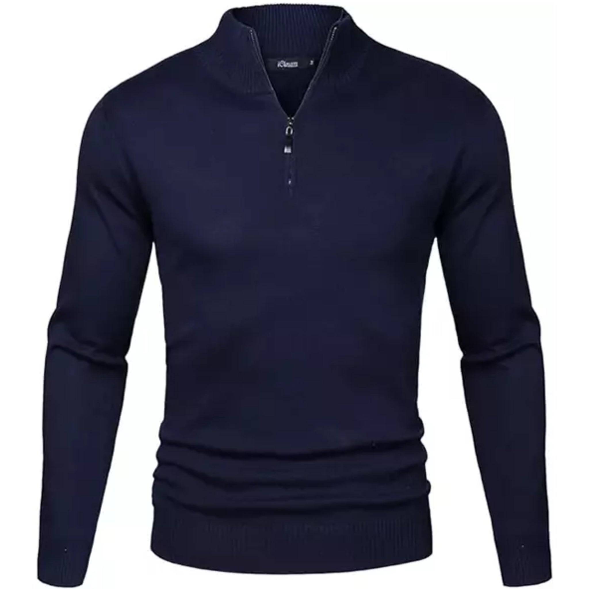 Men's high-quality classic 1/4 zip jumper in navy – long sleeve knit sweater with ribbed cuffs and hem, ideal for smart casual wear